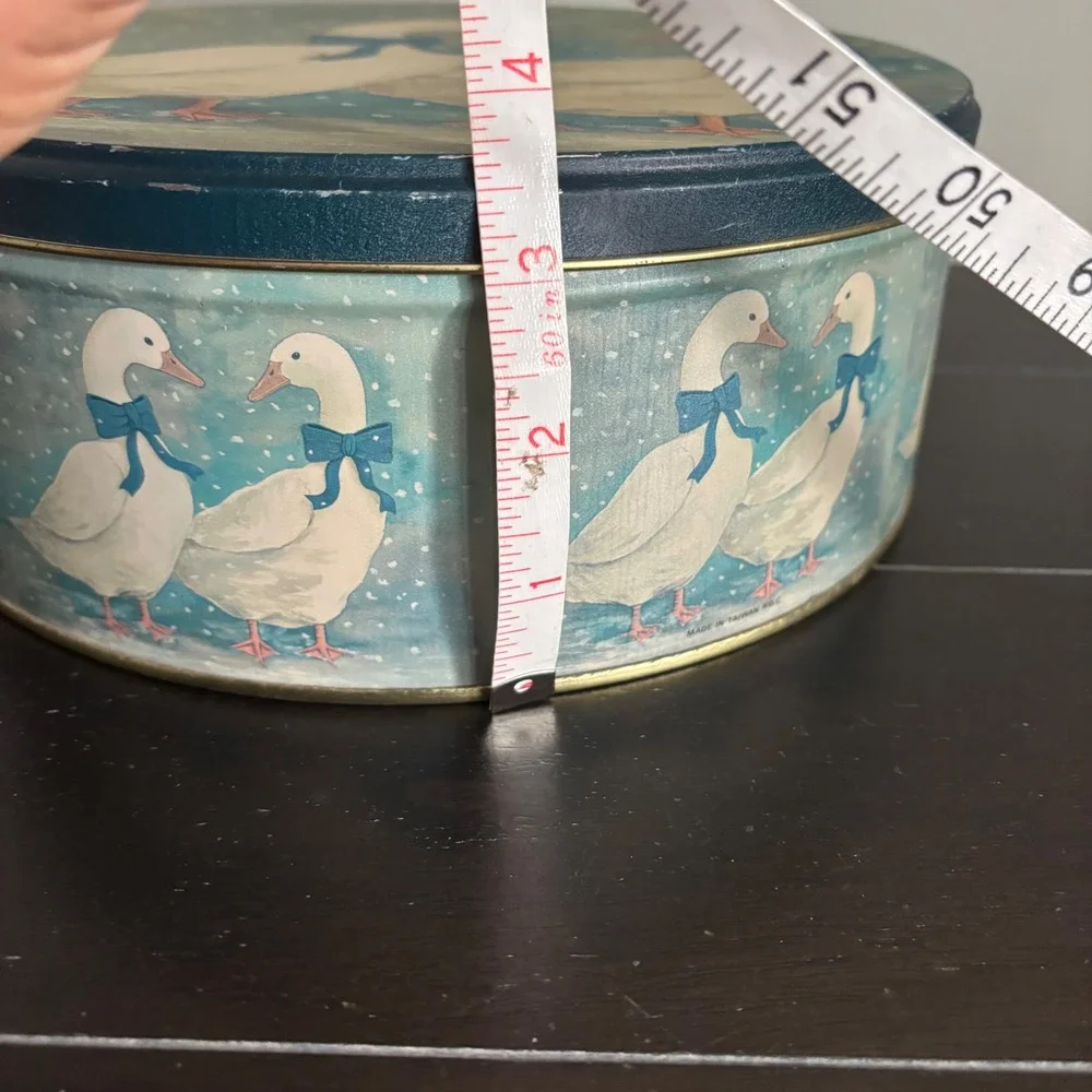 Vintage Country Geese Blue Bowed Goose 80s Biscuit Tin Sewing Kit Button Box